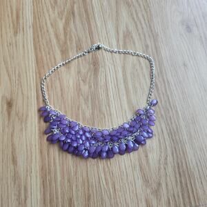 Purple Teardrop Fringe Bib Statement Necklace Silver Tone Lobster Clasp Y2K Pop